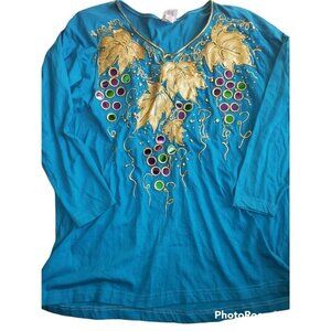 Vintage Knit Top Long Sleeve Blue Puffy Paint Leaves Grapes OS Funky 80s Costume